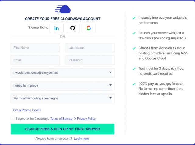 Cloudways Create Account