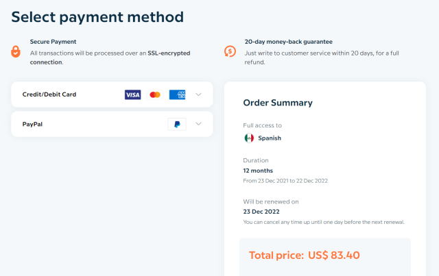 Babbel Checkout Page