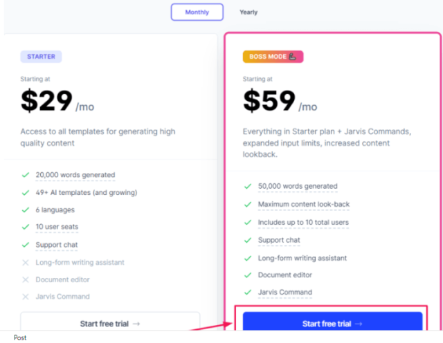  Jasper AI Pricing page