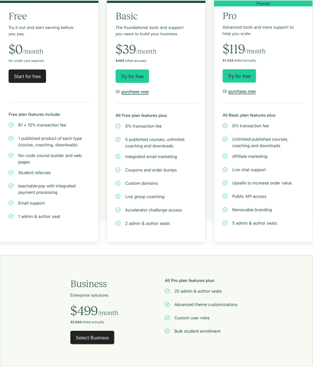  Teachable Pricing Page